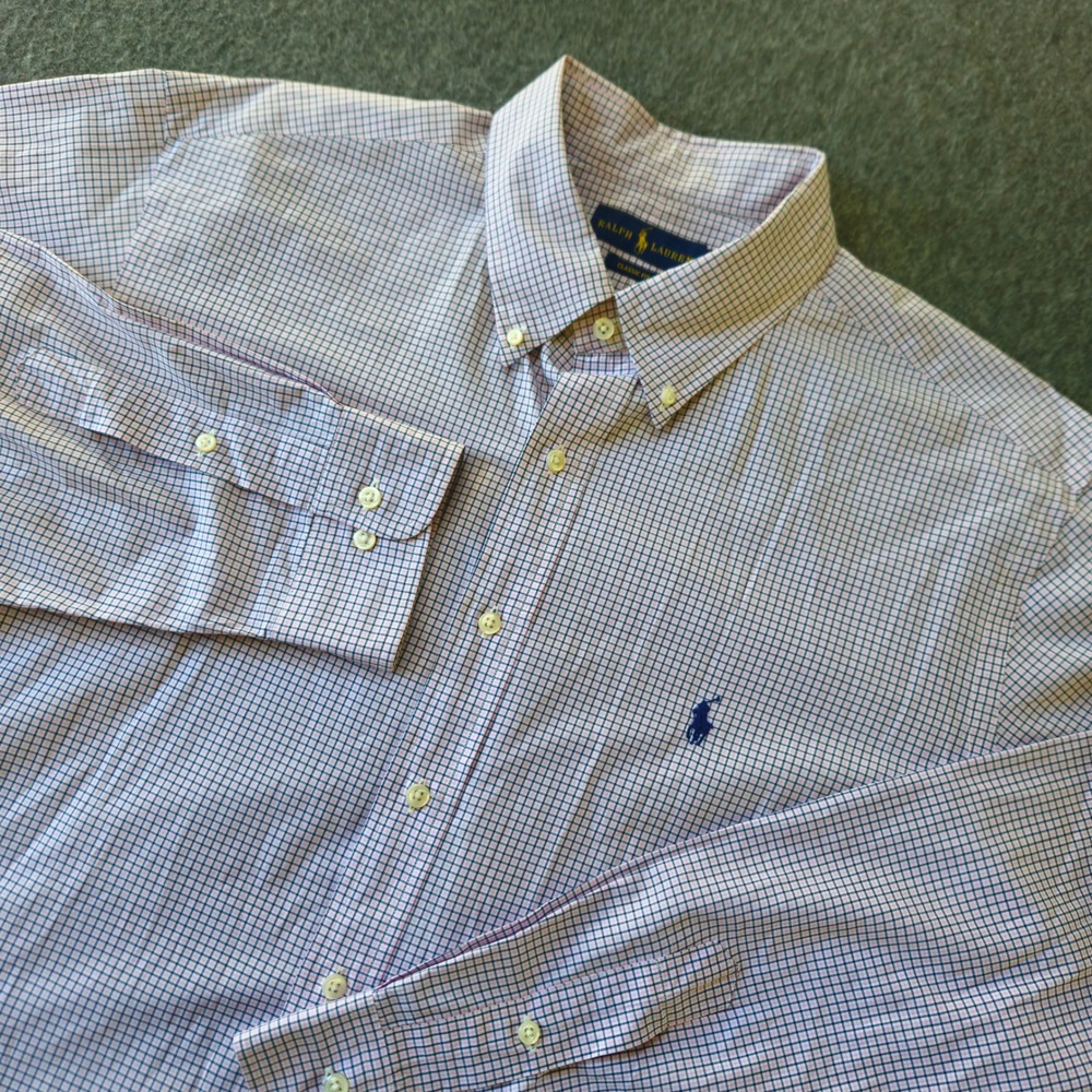 RALPH LAUREN 17.5 34-35 Classic Fit Cotton Check Button Down Shirt Pink Blue EUC